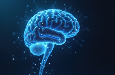 Poster - Glowing blue digital brain made connected lines, points on dark blue background. Futuristic concept represents innovation, intelligence, tech, mind, AI, neural network.