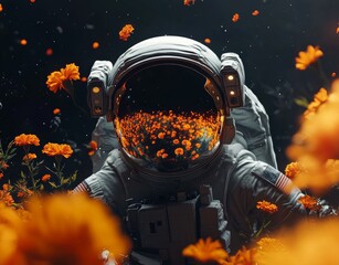 Wall Mural - an astronaut floating in space surrounded by vibrant yellow flowers set against a dark backdrop, emb