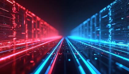 Poster - Abstract tech background with two paths, red and blue color scheme. Paths run parallel, digital network data streams, technology, cyber space, futuristic, vibrant glowing lines.