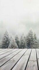 Wall Mural - wooden table standing against snowy pine forest backdrop, featuring tranquil winter landscape with s