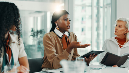 Poster - Meeting, proposal and tablet with business women in boardroom of office for planning or strategy. Agenda, collaboration and schedule with professional employee team at work for feedback or review