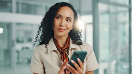 Leinwandbilder - Thinking, research and woman with smartphone, office and ideas for social media performance on app. Digital, marketing manager and person with mobile for web, contemplating and planning for campaign