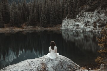 Wall Mural - Solitary woman in white dress sits on rock overlooking serene mountain lake, reflecting dark forest.