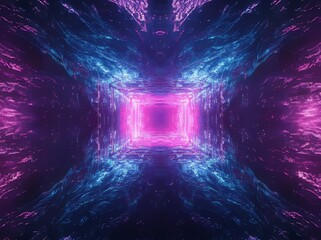Poster - A 3D render featuring glowing lines, a tunnel, and neon lights, set in a virtual reality with an abstract background, square portal, and arch, showcasing a vibrant pink and blue spectrum with laser