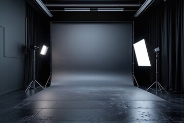 Poster - Black Room Studio Perspective Floor Backdrop with Gray Gradient and Spotlight for Showcasing Products or Artwork