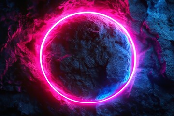 Poster - A blue and pink neon round frame in 3D, shaped like a circle or ring, is set against an abstract background with empty space, lit up by ultraviolet light, evoking the aesthetic of an 80's retro