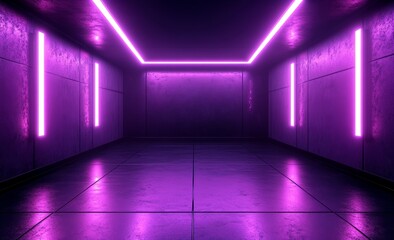 Poster - In a dark tunnel, multicolored neon lamps cast reflections on the surrounding walls