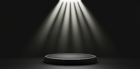 Poster - A 3D rendering of a pedestal and platform display accompanied by a black stand podium, set against a dark room background, with a blank exhibition space or an empty product shelf