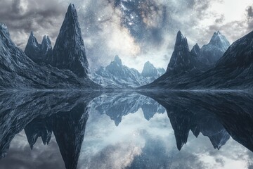 Wall Mural - Stark, snow-capped mountains reflected in a still lake under a starry sky.