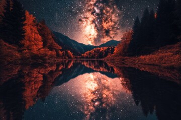 Wall Mural - Autumnal forest reflecting a vibrant starry night sky over tranquil lake.