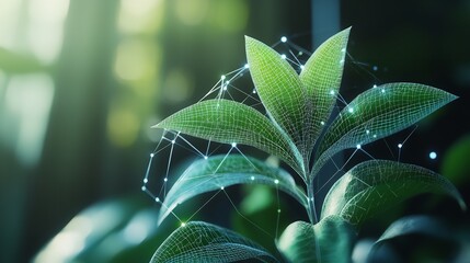 Wall Mural - green plant leaves digital network technology nature eco friendly sustainable growth innovation tech