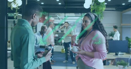 Poster - Discussing digital data, diverse colleagues in office with animation overlay