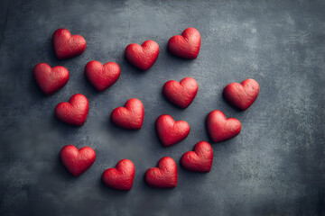 Arrangement of red heart shaped objects on a textured dark gray surface