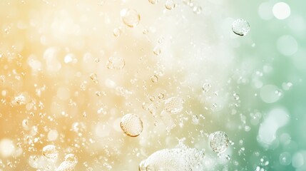 Poster - Numerous water droplets, both large and small, are suspended in mid air against a soft, gradient backdrop of yellow and green, creating a refreshing and vibrant visual