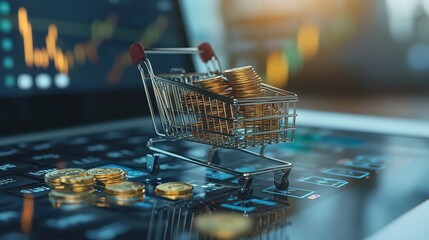 Leinwandbilder - Online Shopping Cart Filled with Golden Coins Digital Currency E Commerce Financial Success Business Growth Modern Technology Investment Wealth Prosperity Financial Market Graphics