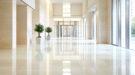 Fototapete - Modern office lobby displaying polished marble flooring, reflecting ceiling lights and glass doors, creating bright, spacious interior with sophisticated minimalist design