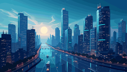 Poster - Sleek Futuristic Cityscape Vector with AI-Powered Transportation, Blue Evening Glow, Centralized Control and Cutting-Edge Technology for Modern Urban Planning Designs