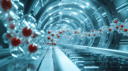 Poster - Colorful molecules interact along a futuristic tunnel showcasing advanced scientific exploration in a laboratory