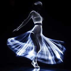 Poster - Model showcases an abstract gown illuminated by light in a dark setting, presenting a unique blend of art and fashion