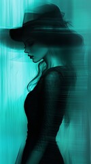 Poster - Model showcases an elegant black dress while posing gracefully in an abstract turquoise setting