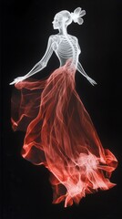 Poster - Elegant skeleton model showcases flowing red dress in artistic abstraction at creative fashion exhibition