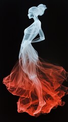 Poster - Beautiful silhouette model in flowing abstract red dress highlighted against a dark background during a creative photography session