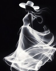Poster - Model in flowing dress creates an ethereal silhouette against a dark backdrop