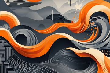 Poster - Bold Orange Waves with Gray Abstract Background and Geometric Patterns