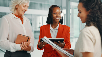 Poster - Meeting, paperwork and tablet with business women in boardroom of office for planning or proposal. Collaboration, discussion and smile of happy manager with employee team in workplace for feedback