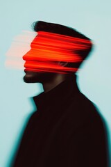 Poster - Model with abstract motion blur effect creating a dynamic and colorful profile silhouette on a soft background