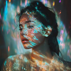 Poster - Exploration of light and color in an abstract model portrait with vivid reflections and patterns