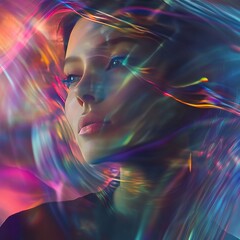 Poster - model with flowing abstract colors creating a vibrant artistic effect in a creative studio environme