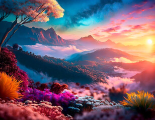 Fototapete - Paisaje de cielo de colores y vegetación de colores.