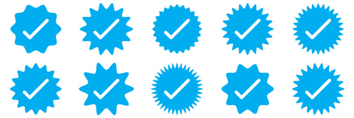 Certified flat icon set. Blue tick, verified account, social networks, profile, verified user. certificate, quality, professional. Reliability concept. Set of vector flat icons isolated