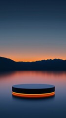 Poster - Abstract background featuring a circular platform illuminated by orange light at twilight over water with mountains in the distance