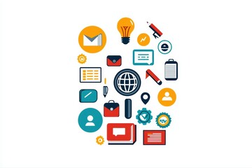 Poster - Icons representing corporate training concepts and communication tools in a modern design layout