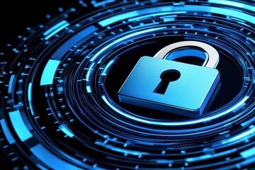 Poster - High-Tech Cybersecurity Concept with Digital Padlock in Blue Circular Background
