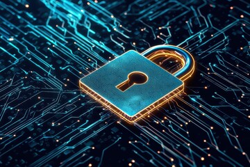 Poster - Digital Cybersecurity Concept with Padlock on High-Tech Circuit Board Background