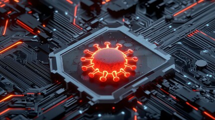 Poster - Close-up of Cybersecurity Threat Concept with Glowing Red Elements on Circuit Board