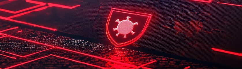 Poster - Close-Up Concept of a Digital Virus Threatening Computer Security on a Screen Display
