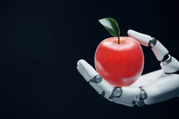 Poster - Futuristic Agriculture Concept Featuring Robotic Hand Holding a Digital Apple