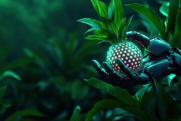 Poster - Close-Up of a Robotic Hand Holding a Futuristic Sphere in a Lush Agricultural Setting