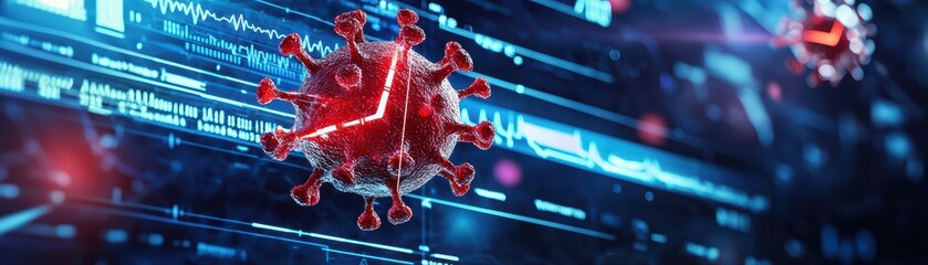 Poster - Close-up of 3D Holographic Representation of Global Pandemic Concepts and Data Visualization Elements