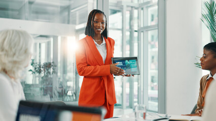 Poster - Presentation, screen and women with tablet, business and robotic process automation or colleagues. Boardroom, machine learning and meeting for current trends on tech, talking and update of AI system