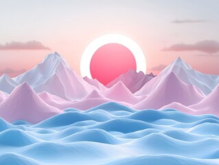 Wall Mural - Abstract Mountain Landscape with Colorful Sunset and Waves