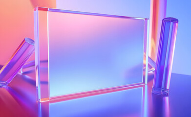 Leinwandbilder - 3d holographic glass morphism frame with geometric shapes render. Transparent rectangle card surface with blur effect, iridescent neon dynamic figures on abstract gradient background. 3D illustration