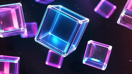 Poster - Neon Cubes Falling Dark Space Background