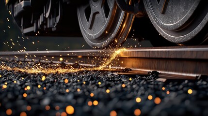 Poster - Close-Up of Steel Train Wheels Sparking on Railway Tracks During Transport Concept