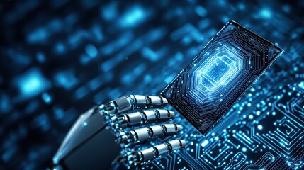 Poster - Futuristic Robotic Hand Holding Smart Device with AI Technology and Digital Circuit Background