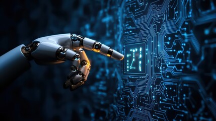Poster - Concept of AI Technology with a Robotic Hand Interacting with a Circuit Board Display